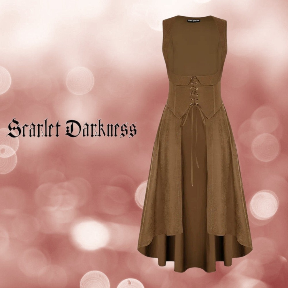 Scarlet Darkness Women Faux Suede Lace Up Renaissance Overdress Brown 2XL